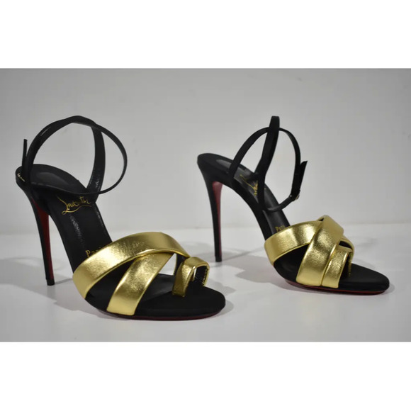 Christian Louboutin Just Me 100 Black Gold Sandal Ankle Strap Open Heel Pump 38 - Picture 3 of 11